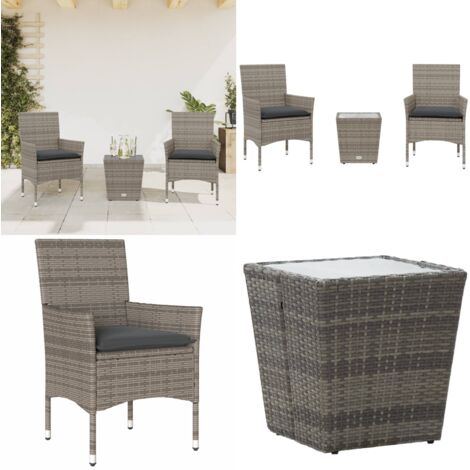 Set da Bistrò 3 pz con Cuscini Grigio Polyrattan e Vetro - Tavolo da giardino - Sedie da giardino