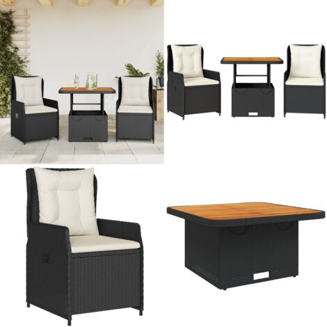 Set da Bistrò 3 pz con Cuscini Nero in Polyrattan - Sedie da giardino - Tavolo da giardino