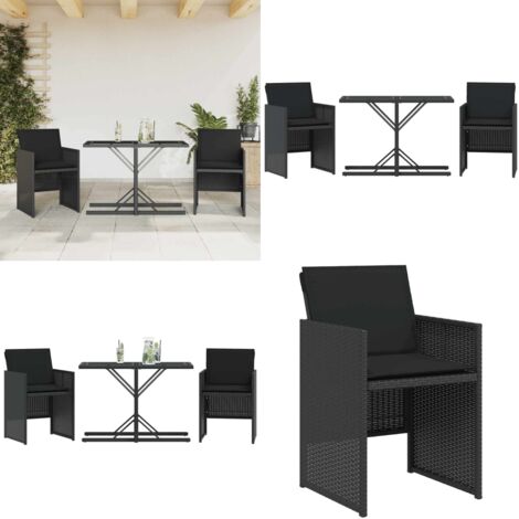 Set da Bistrò 3 pz con Cuscini Nero in Polyrattan - Sedie da giardino - Tavolo da giardino