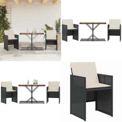 Set da Bistrò 3 pz con Cuscini Nero in Polyrattan - Sedie da giardino - Tavolo da giardino