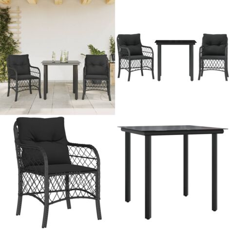 Set da Bistrò 3 pz con Cuscini Nero in Polyrattan - Sedie da giardino - Tavolo da giardino