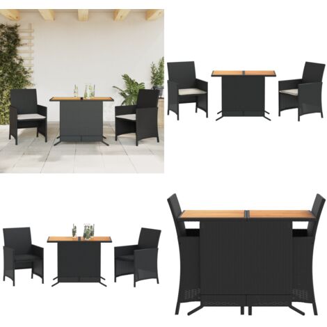 Set da Bistrò 3 pz con Cuscini Nero in Polyrattan - Sedie da giardino - Tavolo da giardino