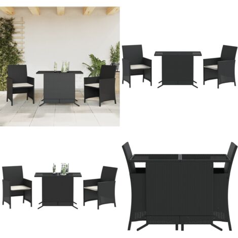 Set da Bistrò 3 pz con Cuscini Nero in Polyrattan - Sedie da giardino - Tavolo da giardino