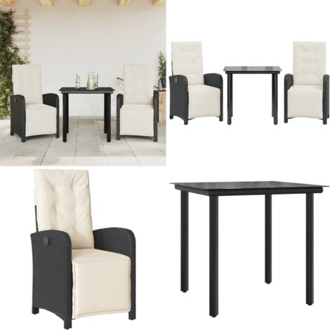 Set da Bistrò 3 pz con Cuscini Nero in Polyrattan - Tavolo da giardino - Cuscini da seduta