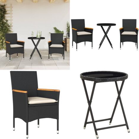 Set da Bistrò 3 pz con Cuscini Nero Polyrattan e Vetro - Tavolo da giardino - Sedie da giardino