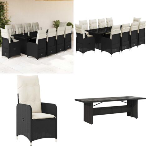 Set da Bistrò da Giardino 11 pz con Cuscini Nero in Polyrattan - Sedie da giardino reclinabili - Tavolo da giardino