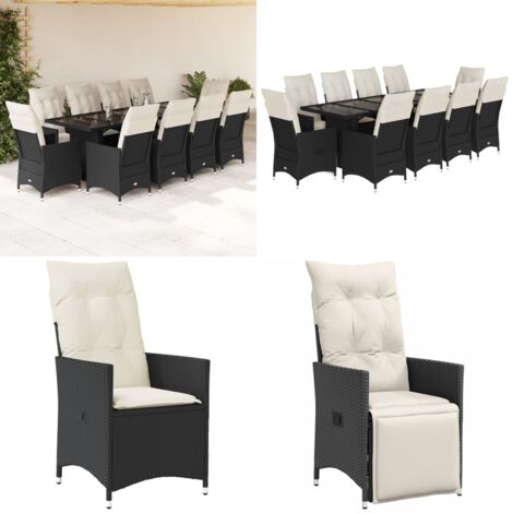 Set da Bistrò da Giardino 11 pz con Cuscini Nero in Polyrattan - Sedie da giardino reclinabili - Tavolo da giardino in vetro