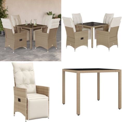 Set da Bistrò da Giardino 5 pz con Cuscini Beige in Polyrattan - Sedie da giardino reclinabili - Tavolo da giardino