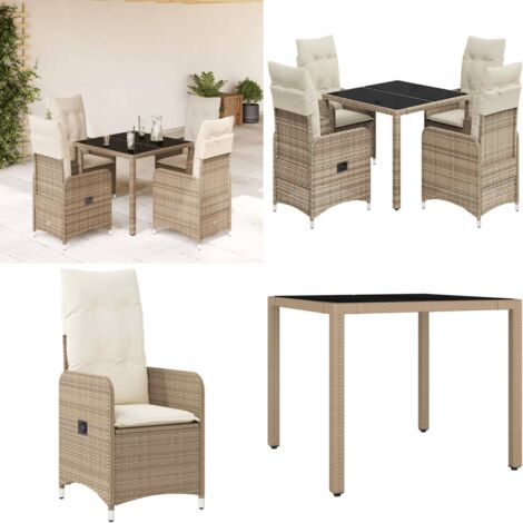 Set da Bistrò da Giardino 5 pz con Cuscini Beige in Polyrattan - Sedie da giardino reclinabili - Tavolo da giardino