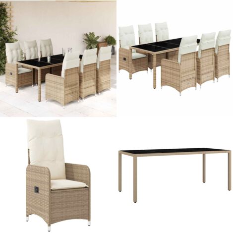 Set da Bistrò da Giardino 7 pz con Cuscini Beige in Polyrattan - Sedie da giardino reclinabili - Tavolo da giardino