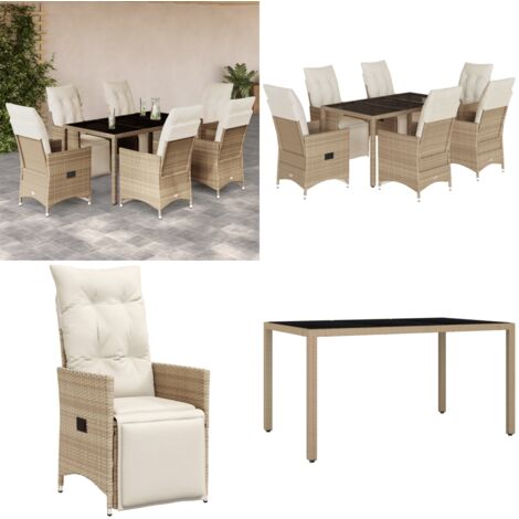 Set da Bistrò da Giardino 7 pz con Cuscini Beige in Polyrattan - Sedie da giardino reclinabili - Tavolo da giardino