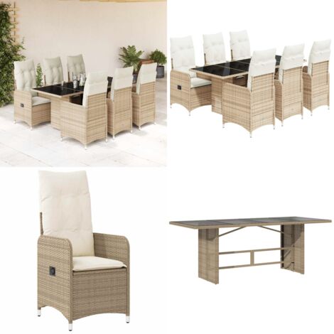 Set da Bistrò da Giardino 7 pz con Cuscini Beige in Polyrattan - Sedie da giardino reclinabili - Tavolo da giardino