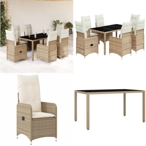 Set da Bistrò da Giardino 7 pz con Cuscini Beige in Polyrattan - Sedie da giardino reclinabili - Tavolo da giardino in vetro