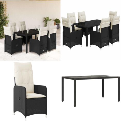Set da Bistrò da Giardino 7 pz con Cuscini Nero in Polyrattan - Sedie da giardino reclinabili - Tavolo da giardino
