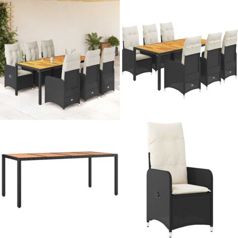 Set da Bistrò da Giardino 7 pz con Cuscini Nero in Polyrattan - Sedie da giardino reclinabili - Tavolo da giardino