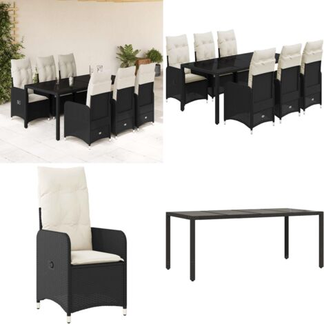 Set da Bistrò da Giardino 7 pz con Cuscini Nero in Polyrattan - Sedie da giardino reclinabili - Tavolo da giardino
