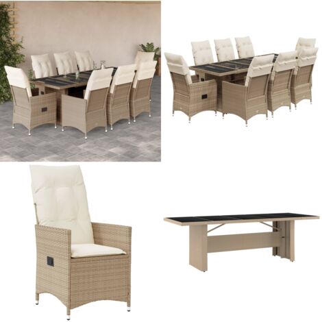 Set da Bistrò da Giardino 9 pz con Cuscini Beige in Polyrattan - Sedie da giardino reclinabili - Tavolo da giardino