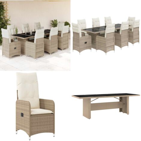 Set da Bistrò da Giardino 9 pz con Cuscini Beige in Polyrattan - Sedie da giardino reclinabili - Tavolo da giardino