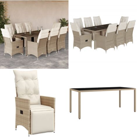 Set da Bistrò da Giardino 9 pz con Cuscini Beige in Polyrattan - Sedie da giardino reclinabili - Tavolo da giardino