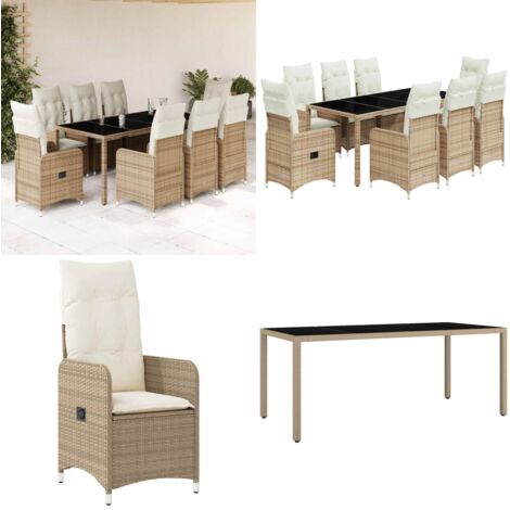 Set da Bistrò da Giardino 9 pz con Cuscini Beige in Polyrattan - Sedie da giardino reclinabili - Tavolo da giardino in vetro