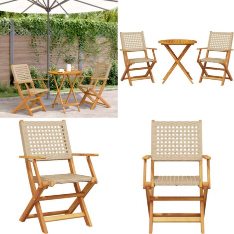 Set da Bistrot 3 pz Beige in Polyrattan e Legno Massello - Tavolo da giardino - Sedie da giardino