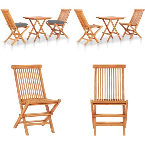 Set da Bistrot 3 pz con Cuscini Grigi in Legno Massello di Teak - Tavolo da giardino - Sedie da giardino