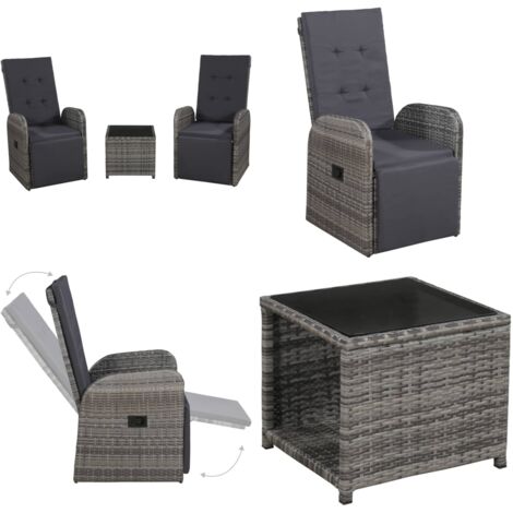 Set da Bistrot 3 pz con Cuscini in Polyrattan Grigio - Sedie da patio - Tavolo da caffè