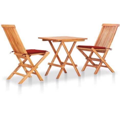 Set da Bistrot 3 pz con Cuscini Rossi in Legno Massello di Teak vidaXL
