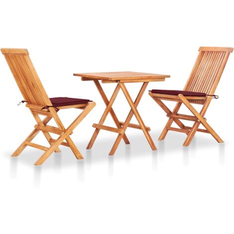 Set da Bistrot 3 pz con Cuscini Rosso Vino in Massello di Teak vidaXL