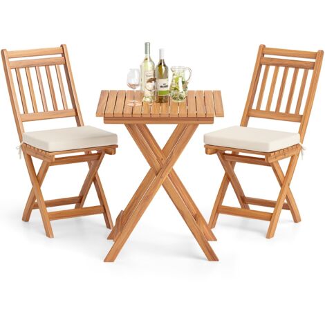 Set da bistrot da esterno in legno di acacia, 2 sedie pieghevoli e tavolo, Cuscini morbidi senza braccioli con schienale alto, Stile 2