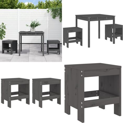Set da Bistrot da Giardino 3pz Grigio in Legno Massello di Pino - Tavolo da giardino - Sgabelli da giardino