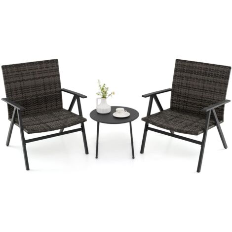 Set da bistrot da giardino a 3 pezzi, poltrone relax con struttura in metallo e tavolino rotondo con seduta e schienale in rattan