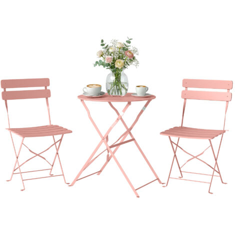 Set da bistrot da giardino in 3 pezzi: tavolo e 2 sedie pieghevoli a doppia doghe, colore rosa, doppia protezione antiruggine.