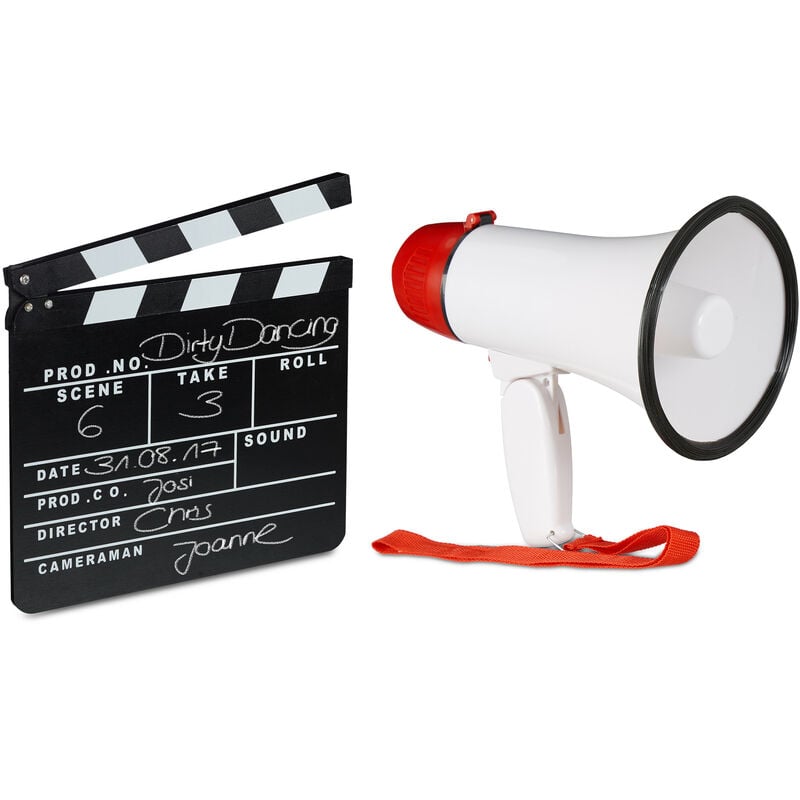 2-piece film set, stadium megaphone, black clapper, 10-watt megaphone, wooden director's slate, Ole Sound megaphone