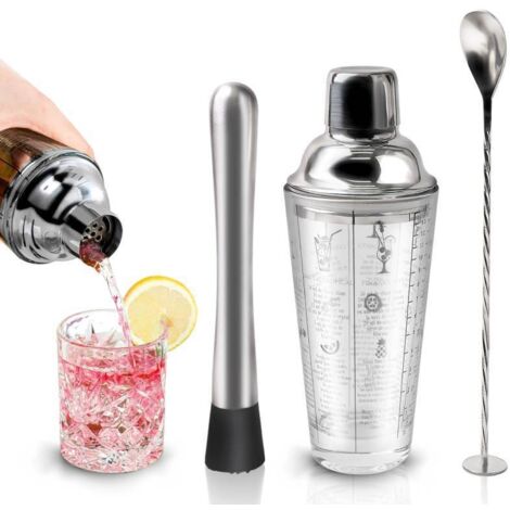 Set da cocktail shaker da 400 ml, set shaker trasparente in tre pezzi, bicchiere misto per vino/succo, utensili da barman in acciaio inossidabile