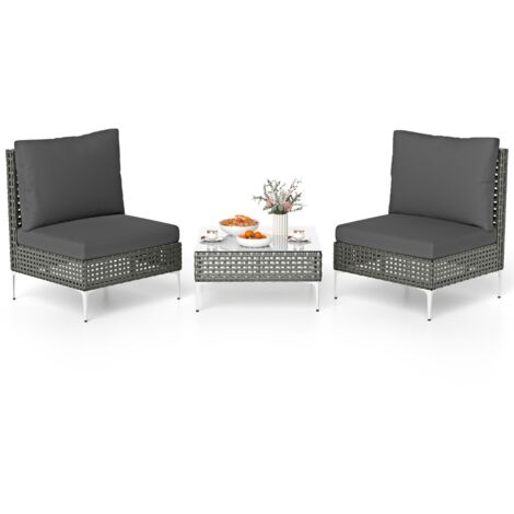 Set da conversazione in rattan con cuscini e tavolino in vetro temperato, Mobili da esterno da 3 pezzi con tavolo e sedie Grigio