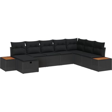 Set da divano da giardino di 8 pezzi con cuscini in rattan sintetico nero. vidaXL