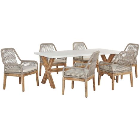 Set da Esterno con Tavolo in Cemento Sintetico bianco e beige e 6 Sedie in Vimini Olbia
