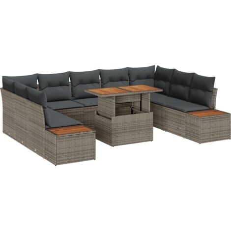 Set da Giardino 10 Pezzi con Cuscini Grigio in Polyrattan e Acacia vidaXL
