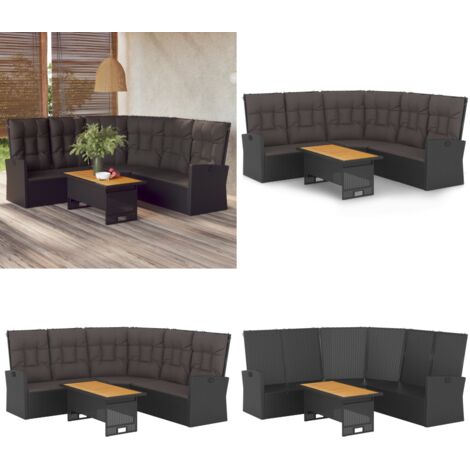 Set da Giardino 2 pz con Cuscini Nero in Polyrattan - Divano angolare - Tavolo da giardino