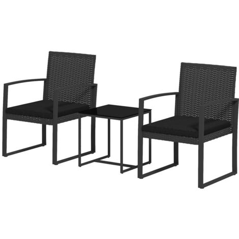 SET DA GIARDINO 3 PEZZI CON 2 SEDIE CON CUSCINI E TAVOLINO CON PIANO IN VETRO. EFFETTO RATTAN NERO