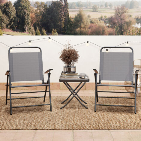 Set da Giardino 3 Pezzi con 2 Sedie da Giardino Pieghevoli con Schienale Regolabile e Tavolo, Set Tavolo e Sedie da Giardino in Acciaio e Vetro, Set da Bistro per Patio, Cortile, Grigio