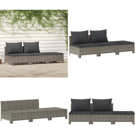 Set da giardino 3 pezzi con cuscini grigio in polyrattan - Divano da giardino - Cuscini da giardino