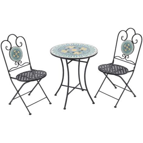 Set da Giardino 3 Pezzi con Mosaico, Tavolino e 2 Sedie Pieghevoli, Verde