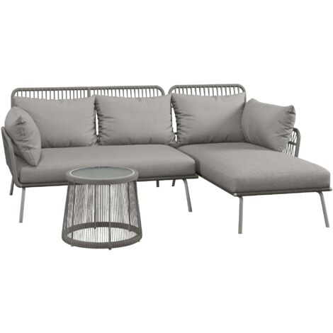 Set da Giardino 3 Pezzi in Stile Boho Divano 2 Posti Chaise Longue e Tavolino in Rattan PE Grigio Chiaro