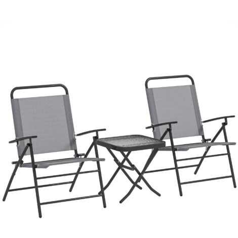 Set da Giardino 3 Pezzi Tavolo con Piano in Vetro e 2 Sedie Pieghevoli Grigio