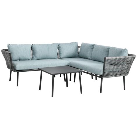 SET DA GIARDINO 4 PEZZI IN RATTAN CON TAVOLINO DA CAFFÈ. 2 DIVANI AD ANGOLO E POLTRONCINA. NERO GRIGIO E BLU
