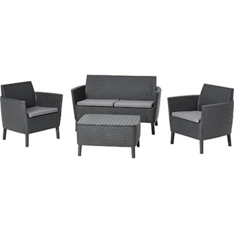 Set da Giardino 4 Pezzi in Rattan Sintetico con Cuscini e Tavolino Contenitore Colore Grafite Modello Salemo Lounge Keter