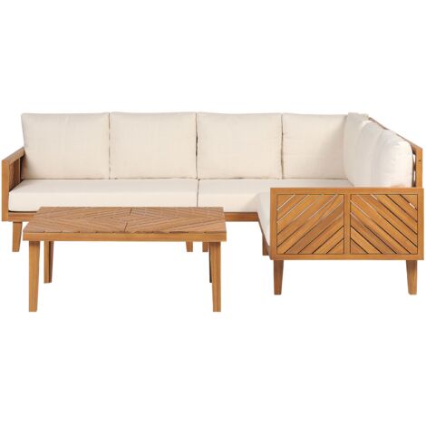 Set da giardino 4 posti con tavolino legno di acacia con cuscini beige chiaro Baratti