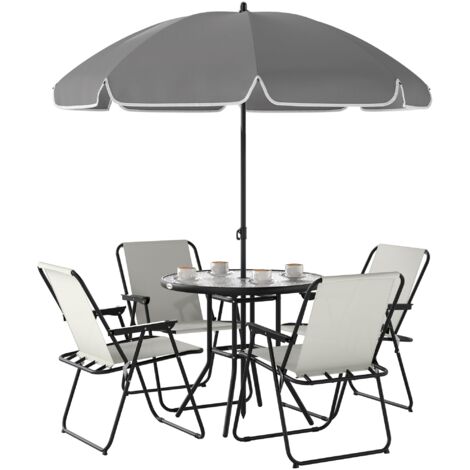 Set da Giardino 6 Pezzi con 4 Sedie Pieghevoli Ombrellone e Tavolo Rotondo Crema Grigio e Nero